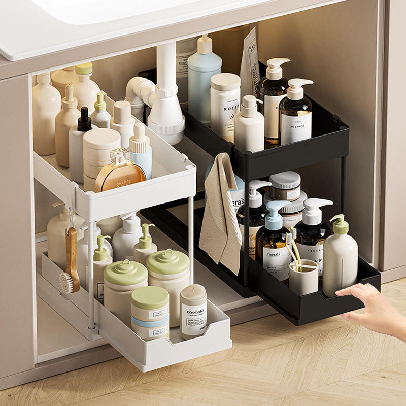 2-Layer Pull-Out Under-Sink Storage Rack - Multi-Function Plastic Organizer with Drainage