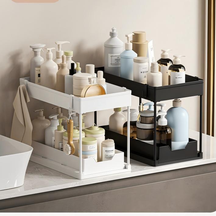 2-Layer Pull-Out Under-Sink Storage Rack - Multi-Function Plastic Organizer with Drainage