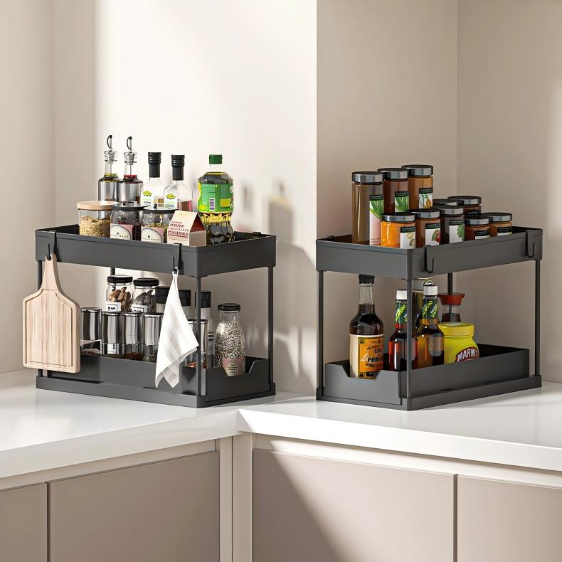 2-Layer Pull-Out Under-Sink Storage Rack - Multi-Function Plastic Organizer with Drainage