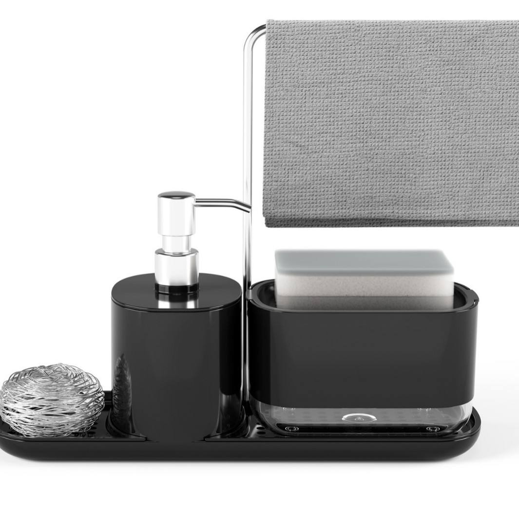 2-in-1 Kitchen Sink Organizer with Soap Dispenser - Upright Rack for Sponge & Cloth