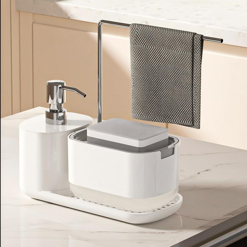 2-in-1 Kitchen Sink Organizer with Soap Dispenser - Upright Rack for Sponge & Cloth