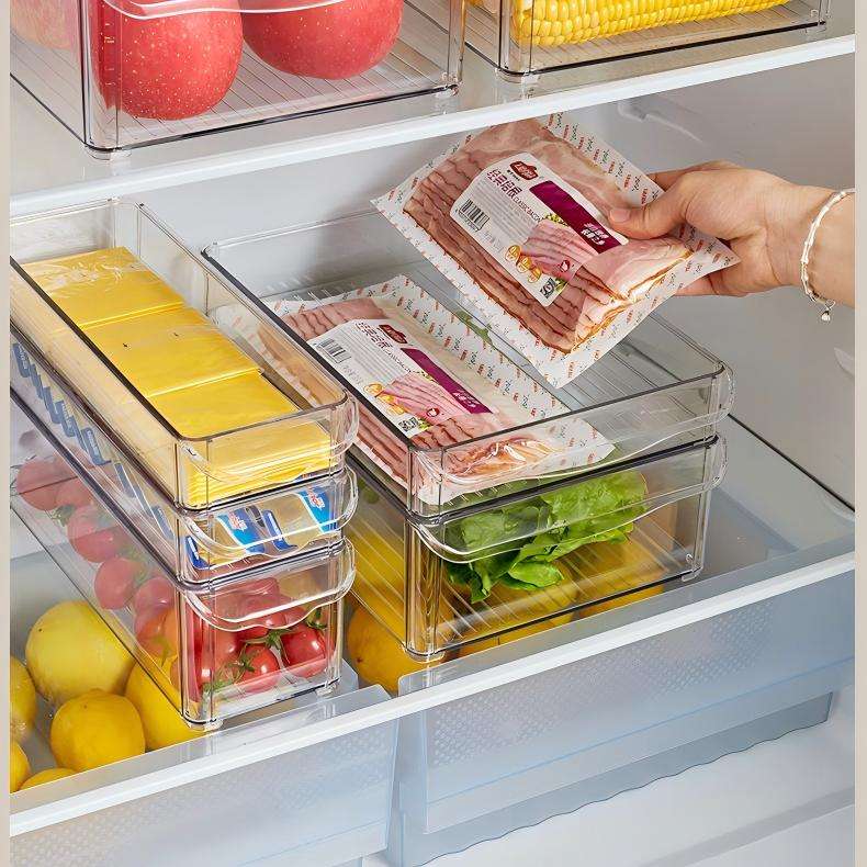 Stackable PET Fridge Storage Box - Multi-Compartment Portable Produce Container