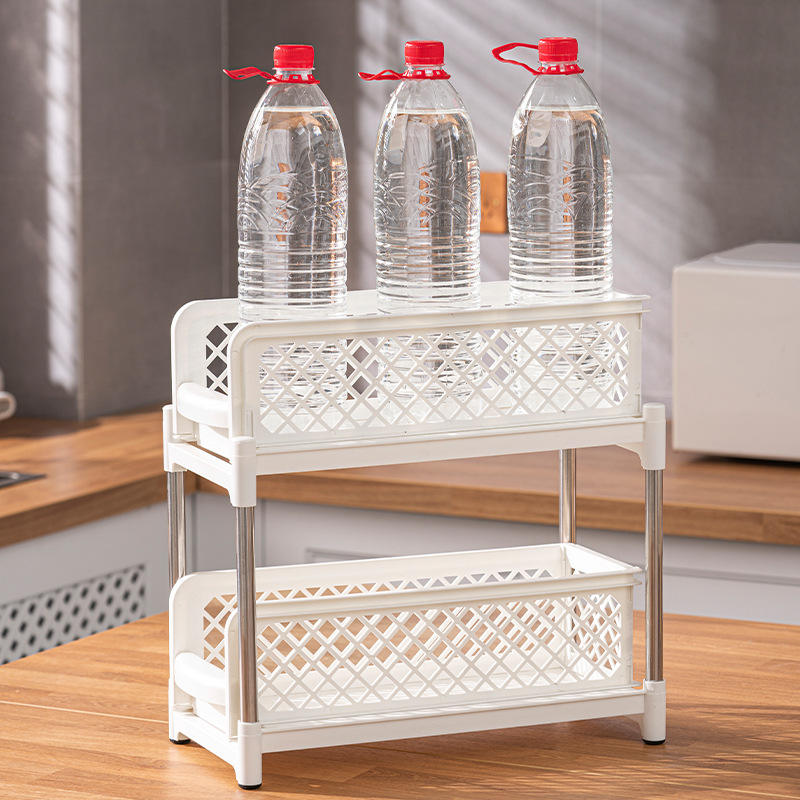 2-Layer Pull-Out Storage Rack - Movable Plastic Organizer for Kitchen & Bathroom, 37.5cm
