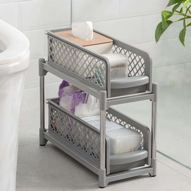 2-Layer Pull-Out Storage Rack - Movable Plastic Organizer for Kitchen & Bathroom, 37.5cm