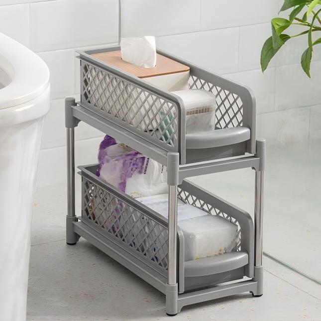 2-Layer Pull-Out Storage Rack - Movable Plastic Organizer for Kitchen & Bathroom, 37.5cm