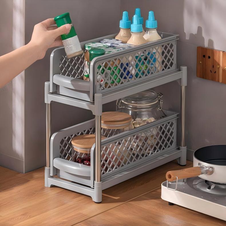 2-Layer Pull-Out Storage Rack - Movable Plastic Organizer for Kitchen & Bathroom, 37.5cm