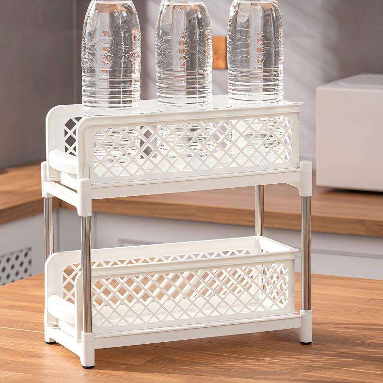 2-Layer Pull-Out Storage Rack - Multi-Purpose PP Organizer for Kitchen & Bathroom