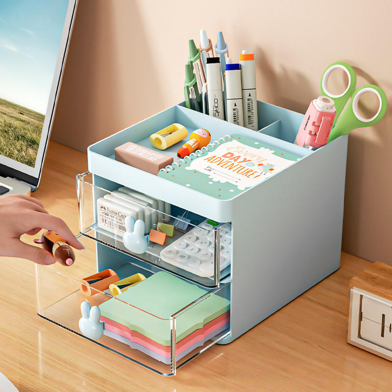 Pen Holder with Drawer - Transparent HIPS+PS Double-Layer Desk Organizer