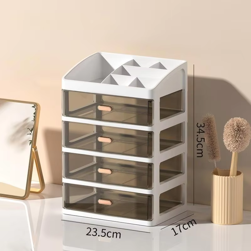 4-Layer Desk Organizer with Drawers - Transparent Makeup & Cable Storage Box