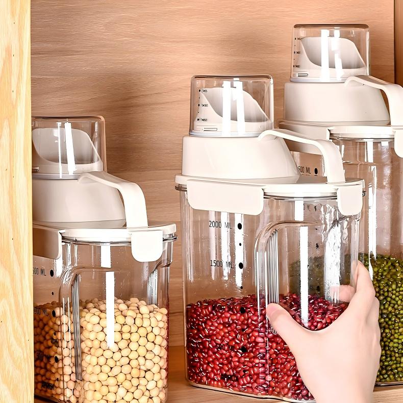 Sealed Grain Storage Container - Transparent Grey Food-Grade Plastic Jar for Flour