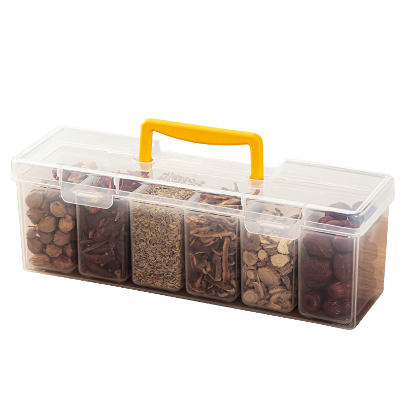 6-Compartment Spice Storage Box - Transparent Plastic Kitchen Organizer for Herbs & Spices