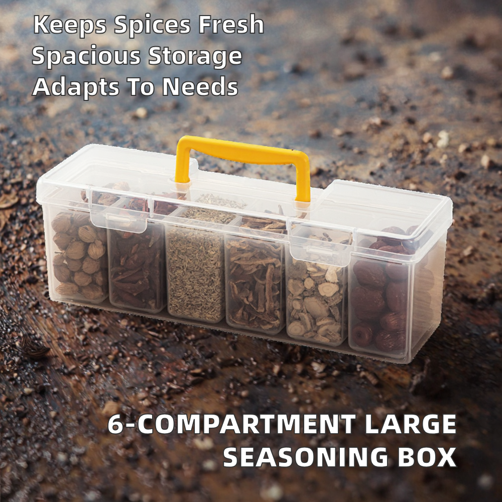 6-Compartment Spice Storage Box - Transparent Plastic Kitchen Organizer for Herbs & Spices