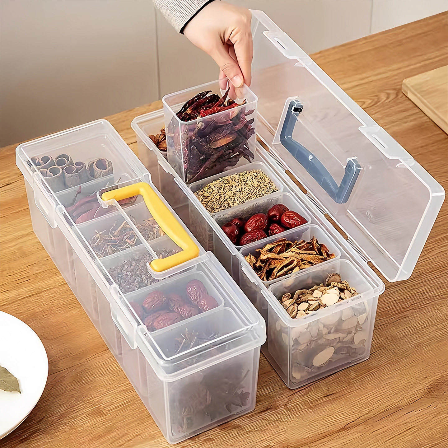 6-Compartment Spice Storage Box - Transparent Plastic Kitchen Organizer for Herbs & Spices