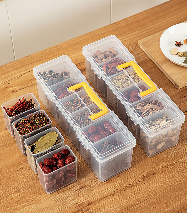 6-Compartment Spice Storage Box - Transparent Plastic Kitchen Organizer for Herbs & Spices