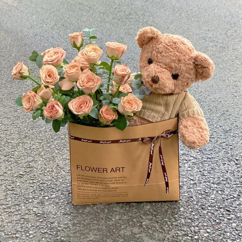 Cappuccino Rose Teddy Bear Gift Bag with Heart Balloon Bouquet