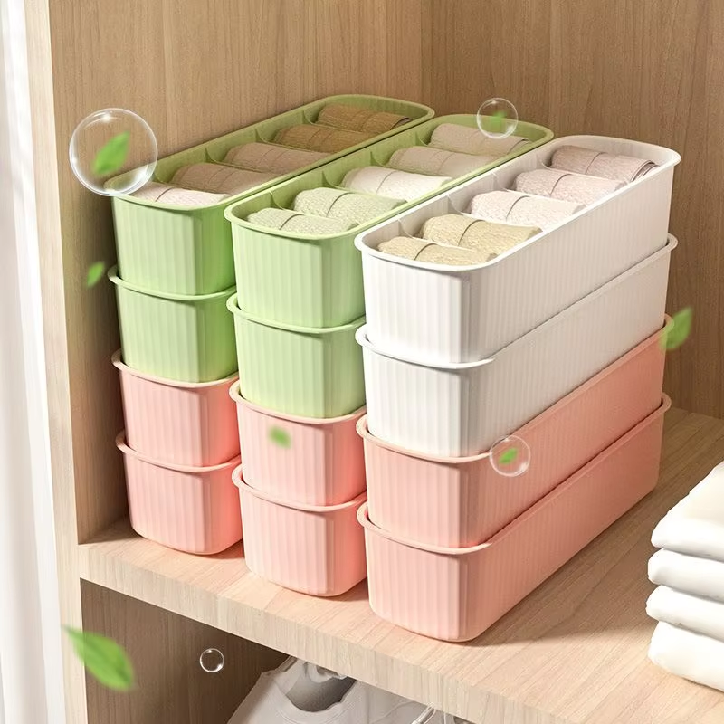 Striped 5-Compartment Plastic Storage Box for Socks - Portable Wardrobe Bin