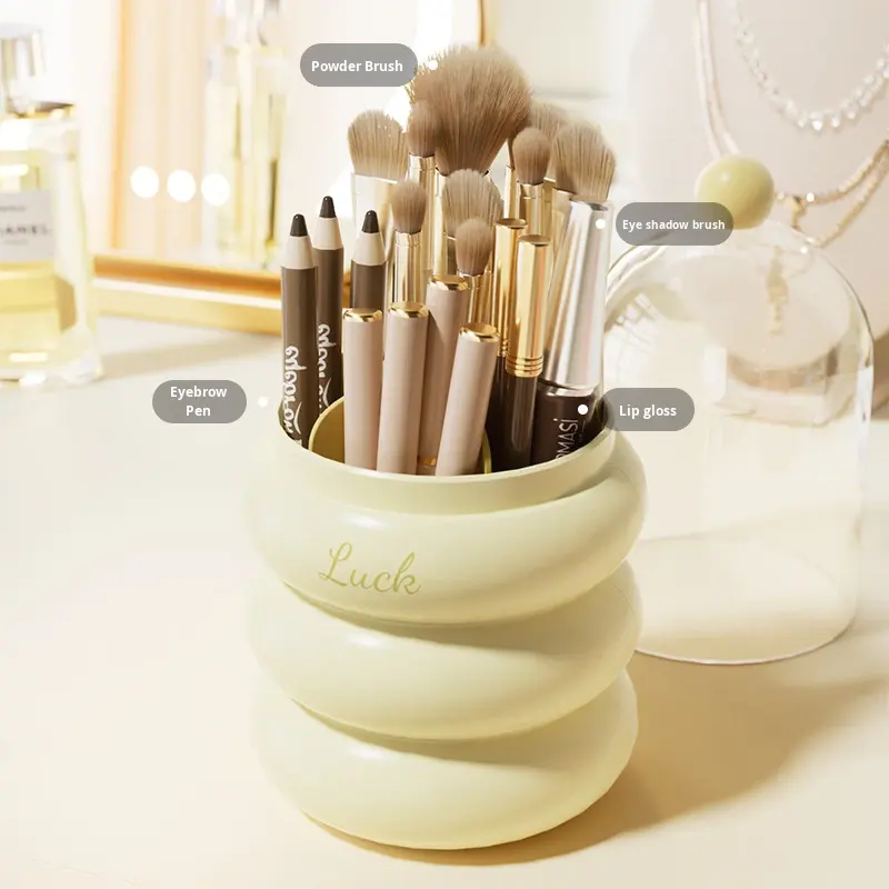 Rotating Plastic Makeup Brush Holder with Dust Cover and Compartments