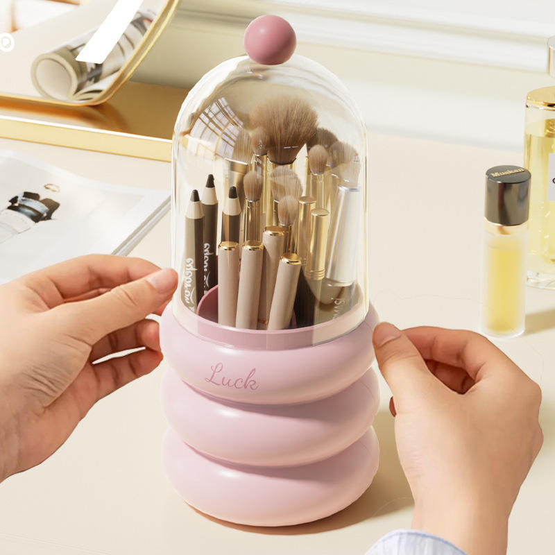 Rotating Plastic Makeup Brush Holder with Dust Cover and Compartments