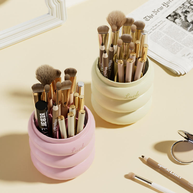 Rotating Plastic Makeup Brush Holder with Dust Cover and Compartments