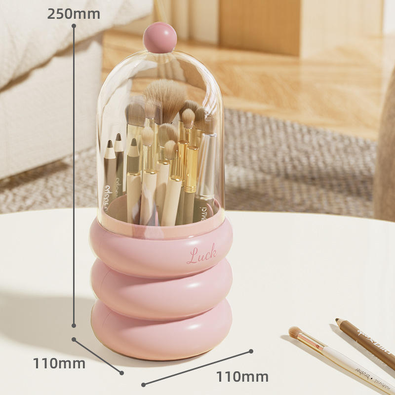 Rotating Plastic Makeup Brush Holder with Dust Cover and Compartments