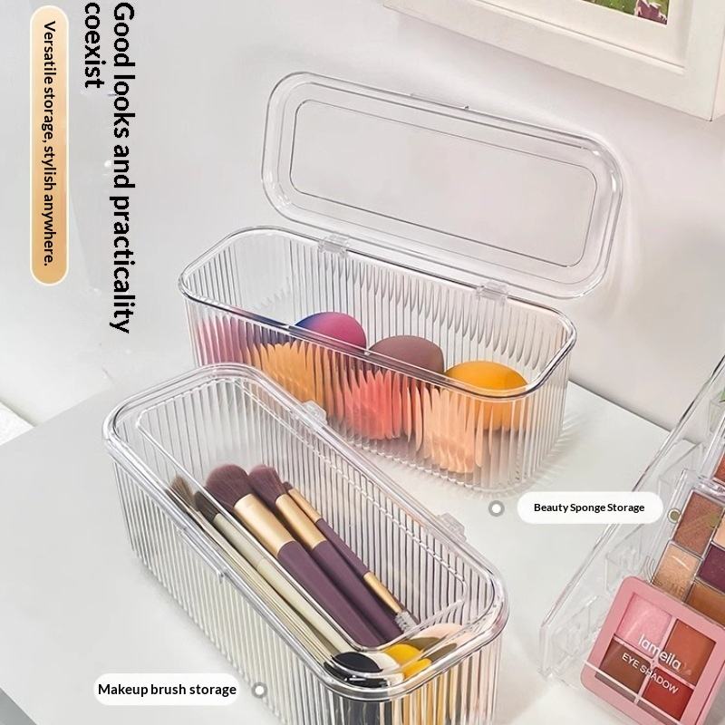 Rectangular Makeup Brush and Puff Storage Box - Dustproof Vanity Organizer