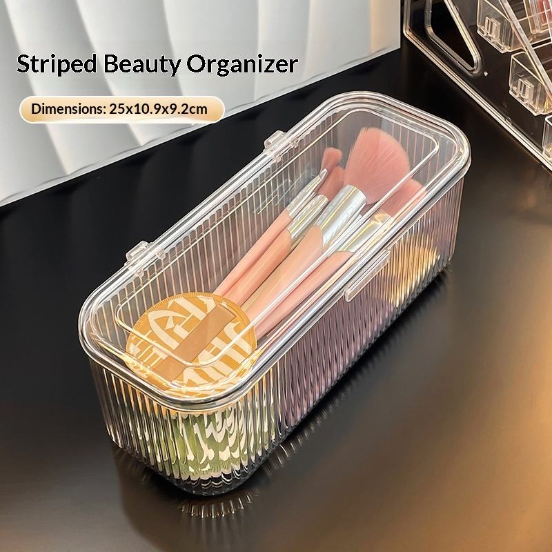 Rectangular Makeup Brush and Puff Storage Box - Dustproof Vanity Organizer