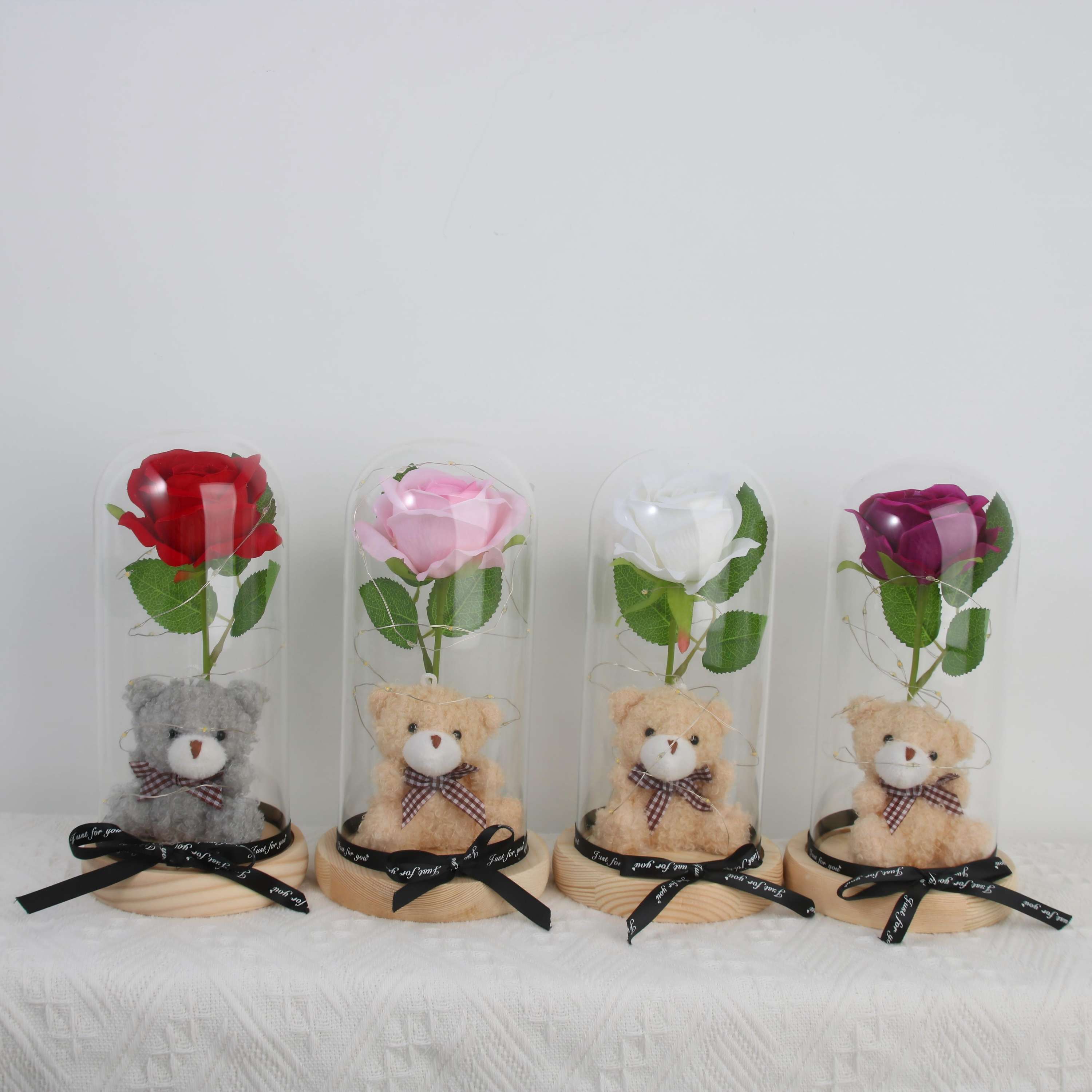 Custom Artificial Rose Bear Bouquet in Glass Dome Gift Box for Valentine’s Day