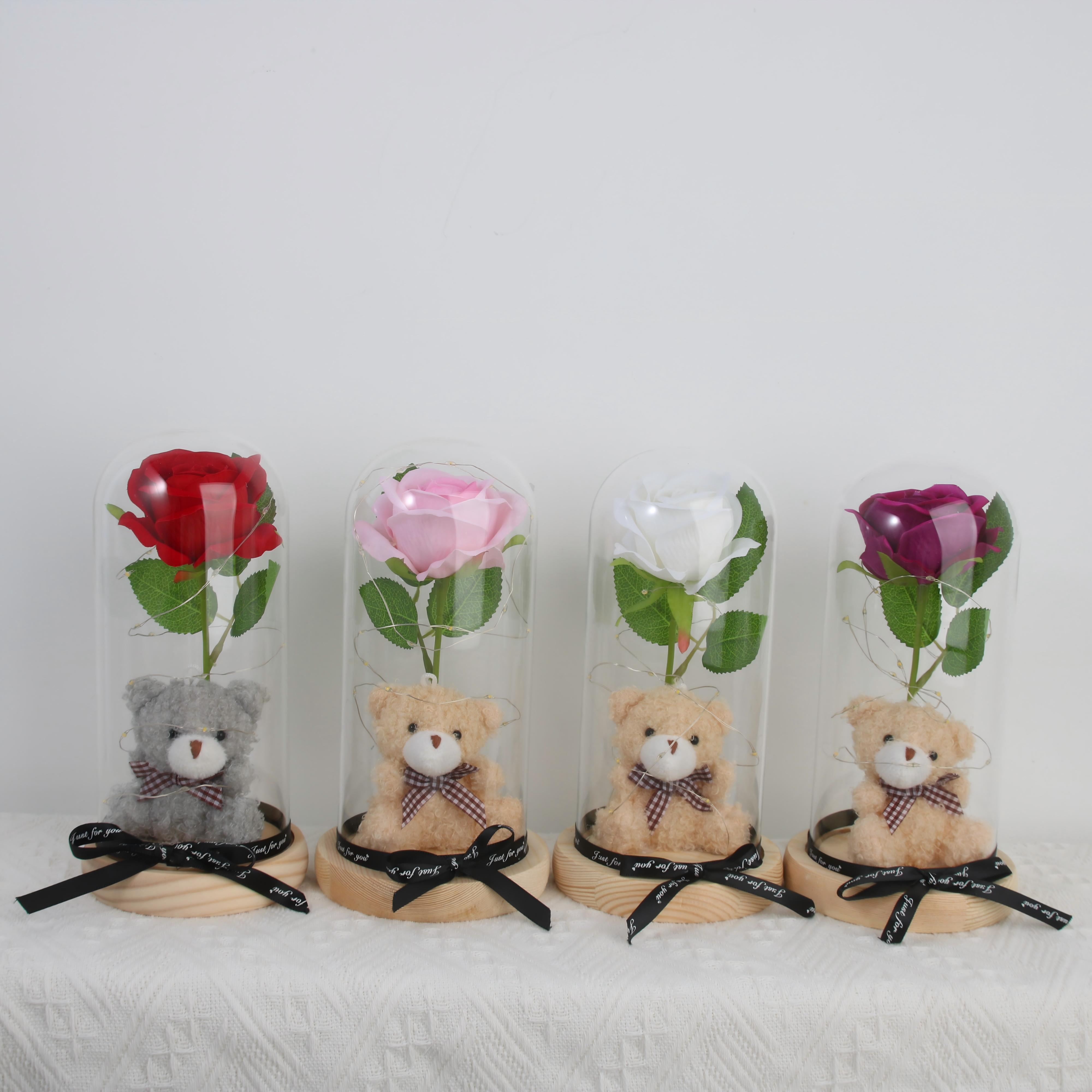 Custom Artificial Rose Bear Bouquet in Glass Dome Gift Box for Valentine’s Day