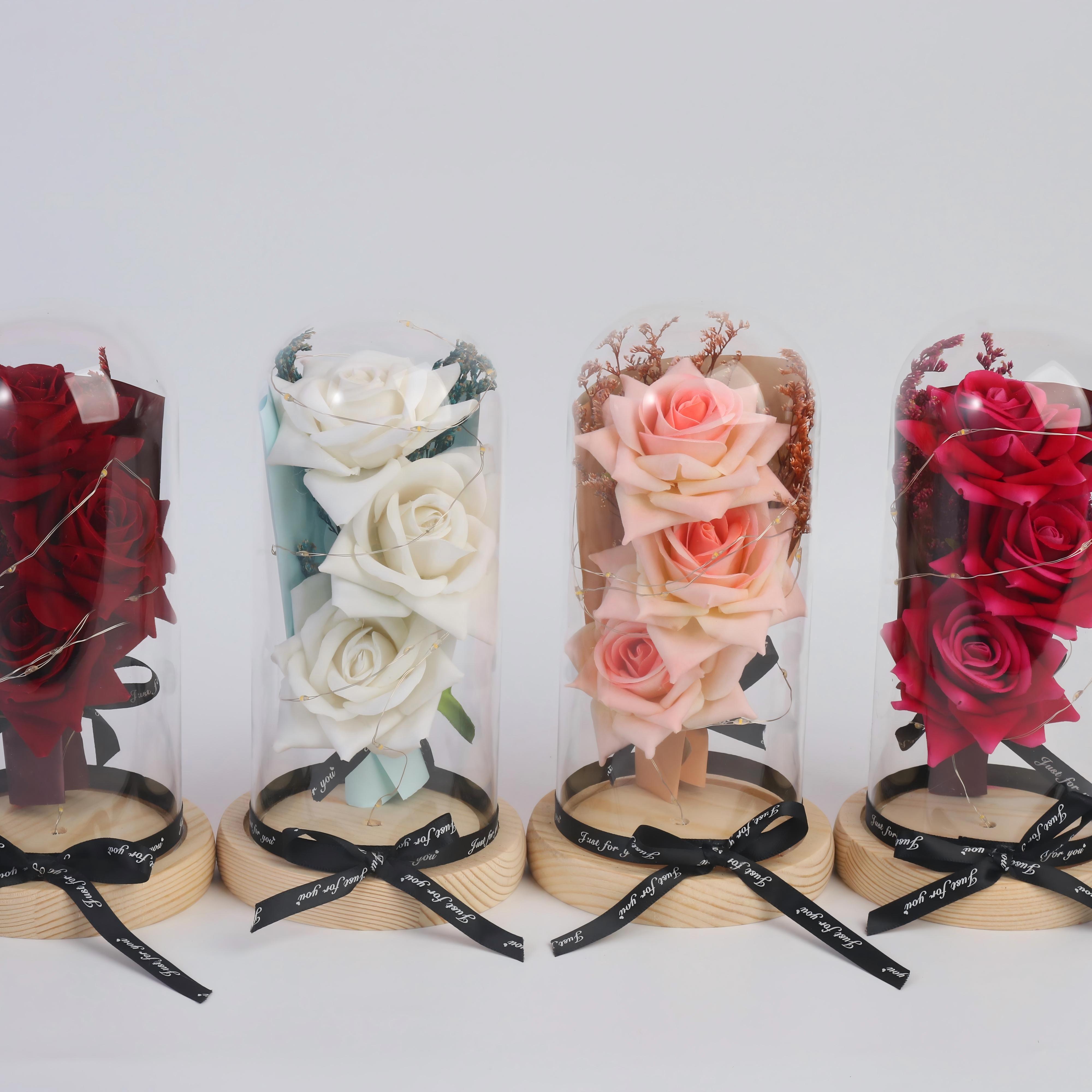 Custom Artificial Rose Bear Bouquet in Glass Dome Gift Box for Valentine’s Day