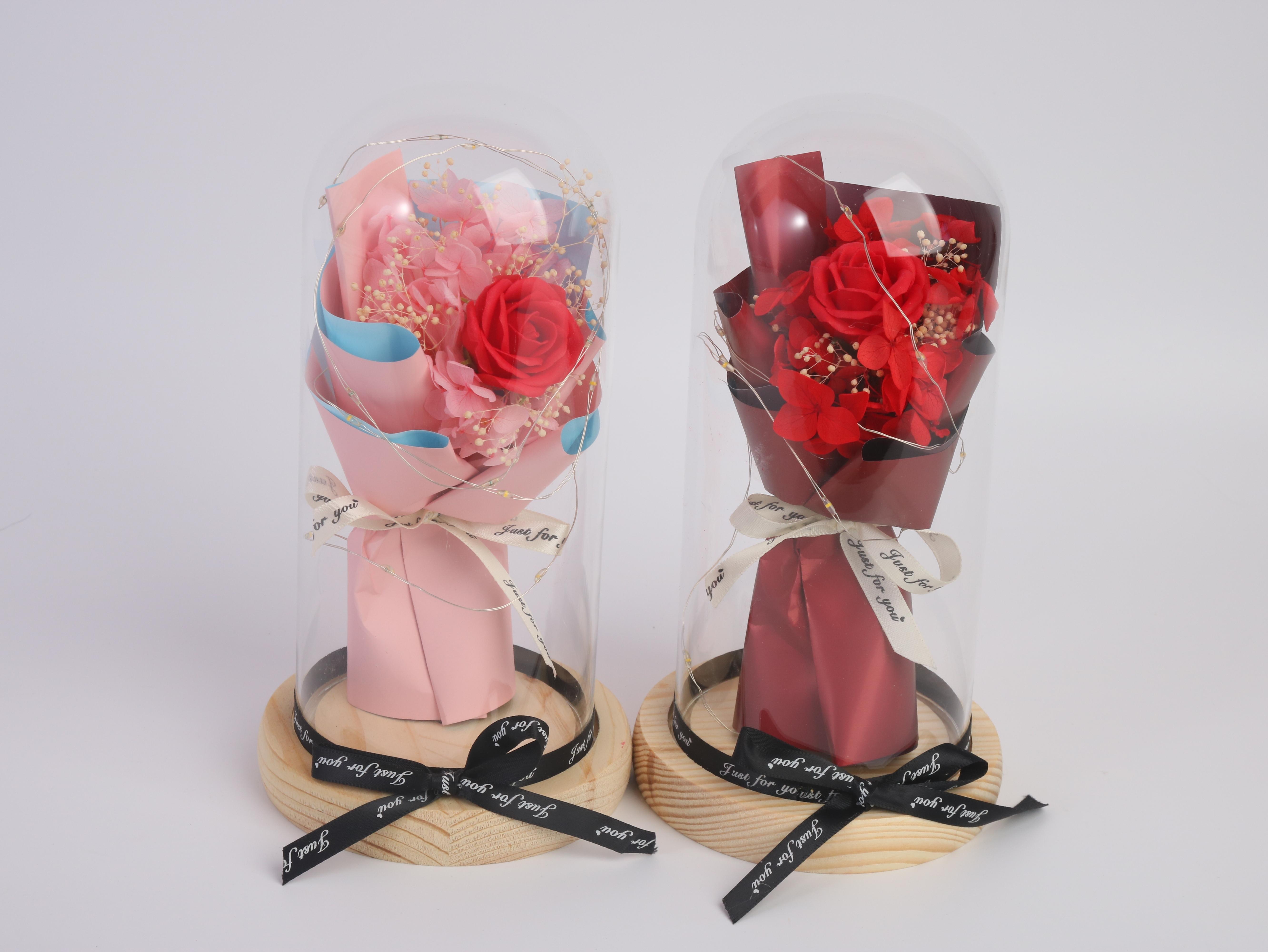 Custom Artificial Rose Bear Bouquet in Glass Dome Gift Box for Valentine’s Day