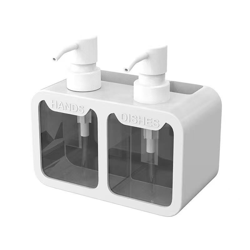 Double Pump Soap Dispenser with Sponge and Brush Holder - Space-Saving Bathroom Caddy
