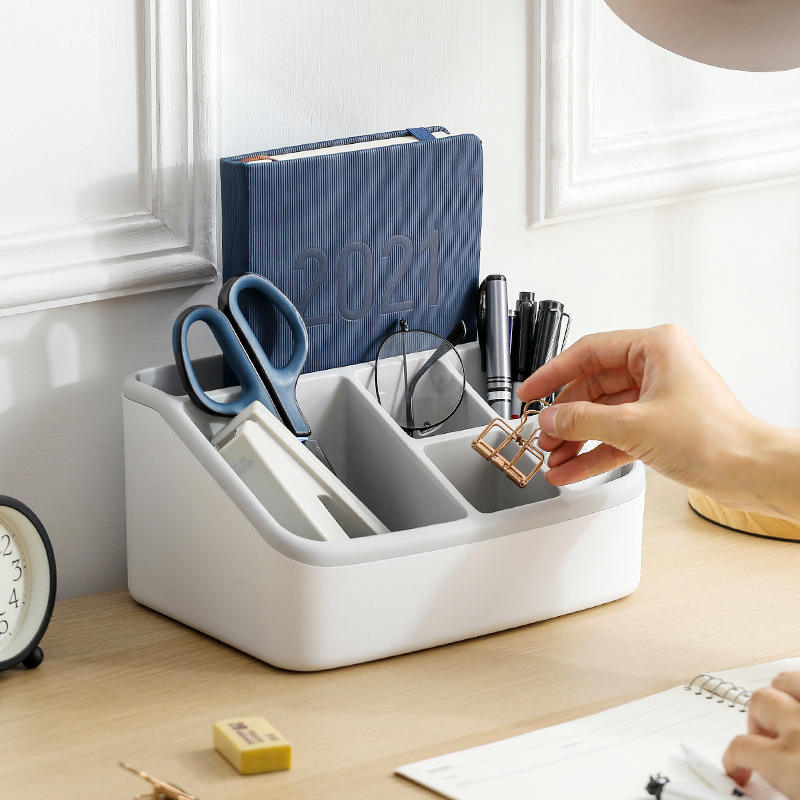 Minimalist Two-Tone Plastic Desk Organizer with Compartments, 16.5 x 9.5 x 11.5 cm