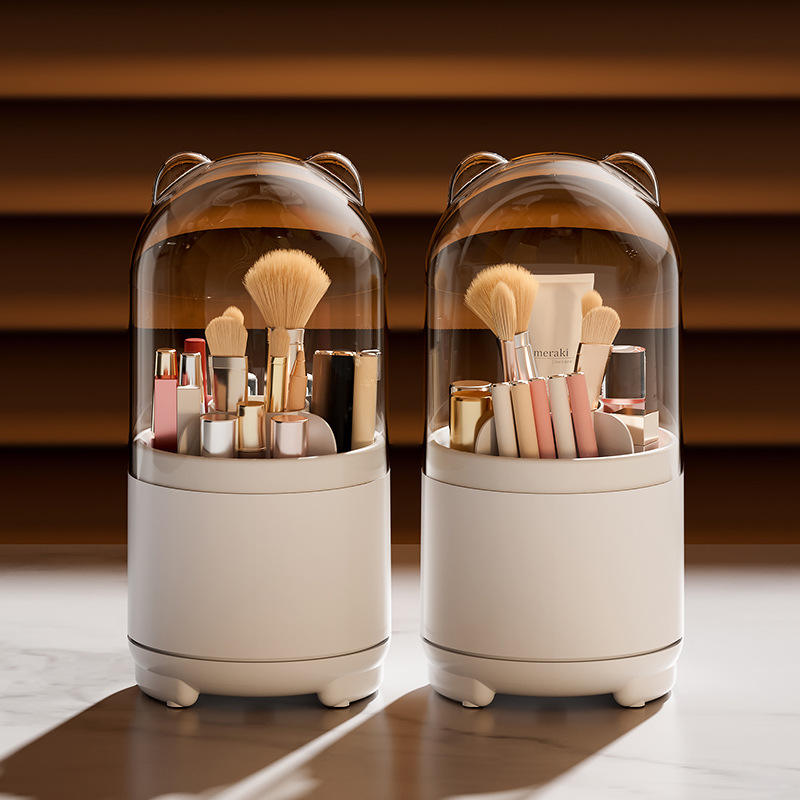 360° Rotating Makeup Brush Organizer with Lid - Transparent Dustproof Holder