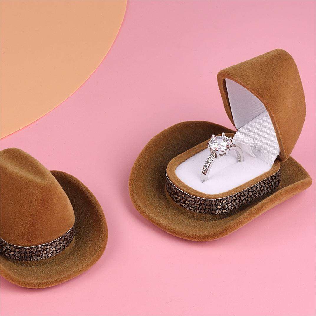 Western Cowboy Hat Jewelry Packaging Box - Flocked Ring and Necklace Case