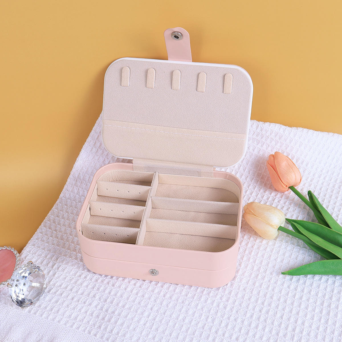 Luxury Pink Double-Layer PU Leather Travel Jewelry Box for Earrings and Bracelets