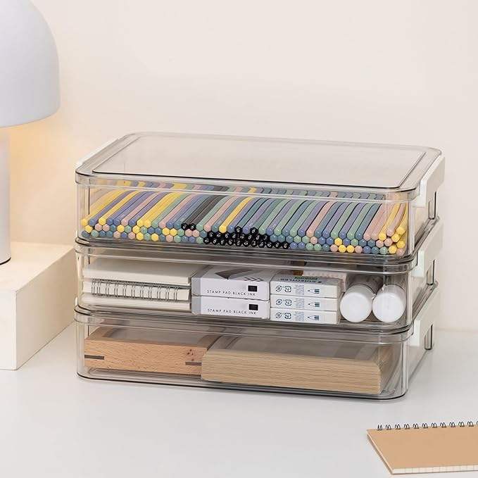 Stackable Transparent PET Office Box with Locking Lid, 34.7 x 23.4 x 6.5 cm