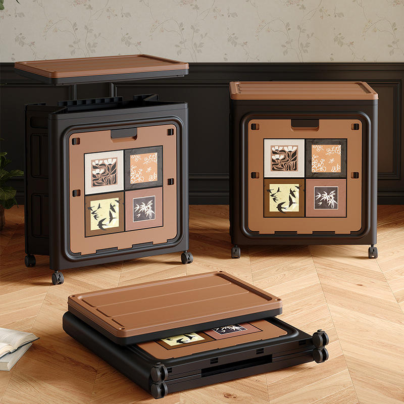 Vintage Foldable Storage Box with Double Lid and Lockable Wheels, 80 L