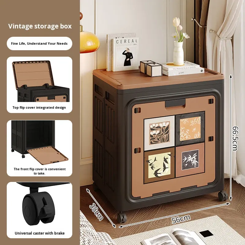Vintage Foldable Storage Box with Double Lid and Lockable Wheels, 80 L