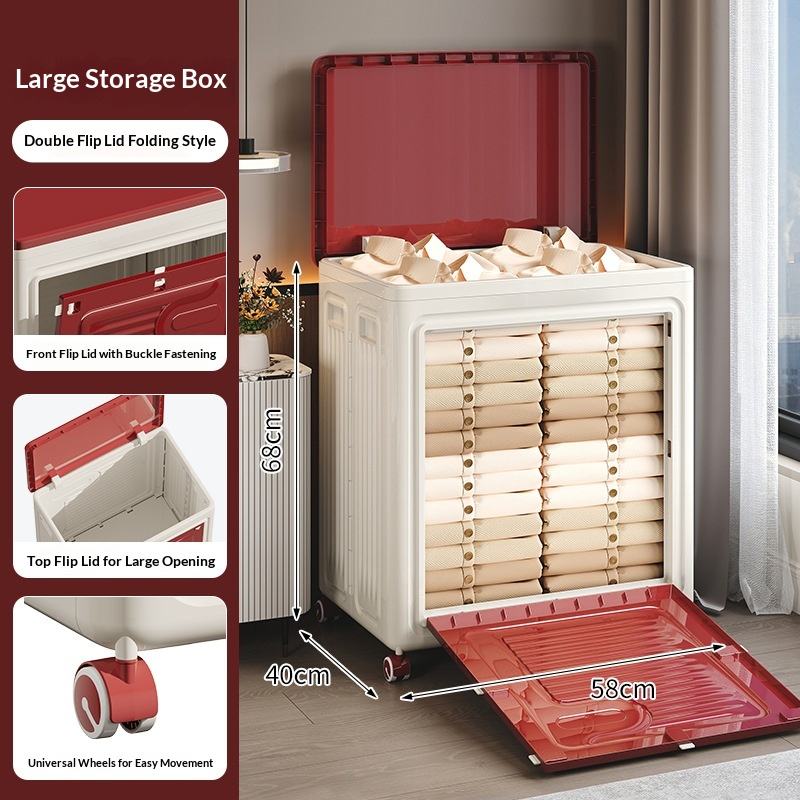 Foldable Plastic Storage Cabinet with Wheels and Double Doors, 58 x 40 x 68 cm