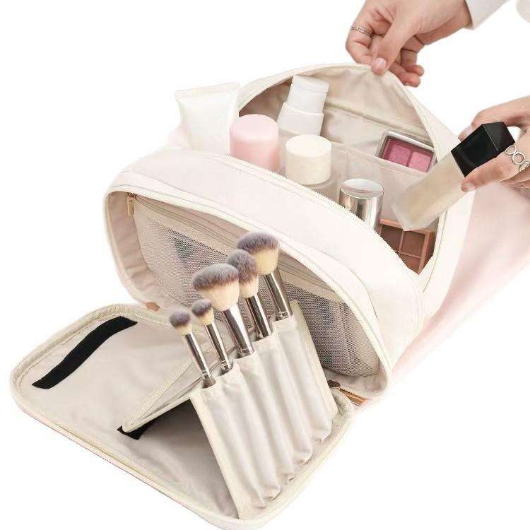 Women’s Large Capacity PU Wash Bag with Makeup Brush Storage - Travel Cosmetic Case