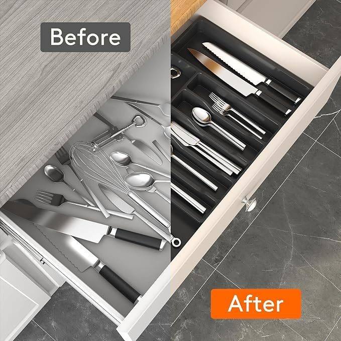 Extendable Folding Cutlery Storage Box with Removable Tray, 57 x 38 x 5 cm, 2 L